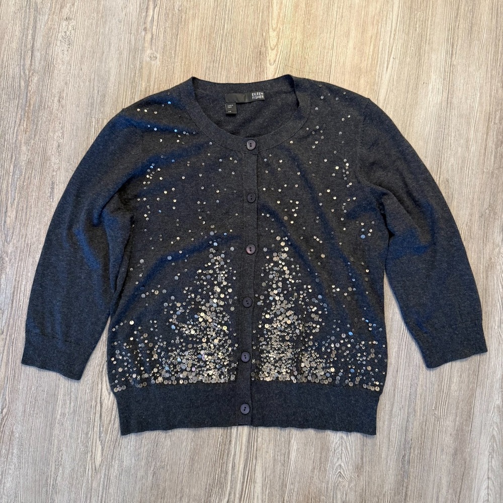 Eileen Fisher Womens XS Cashmere Blend Sequin Charcoal Cardigan Dark Gray